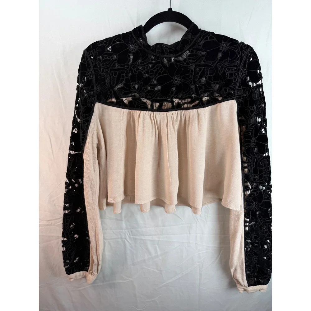 Velvet Lace Free People Crop‎ Top Long Sleeve Black Cream Boho Victorian Blouse